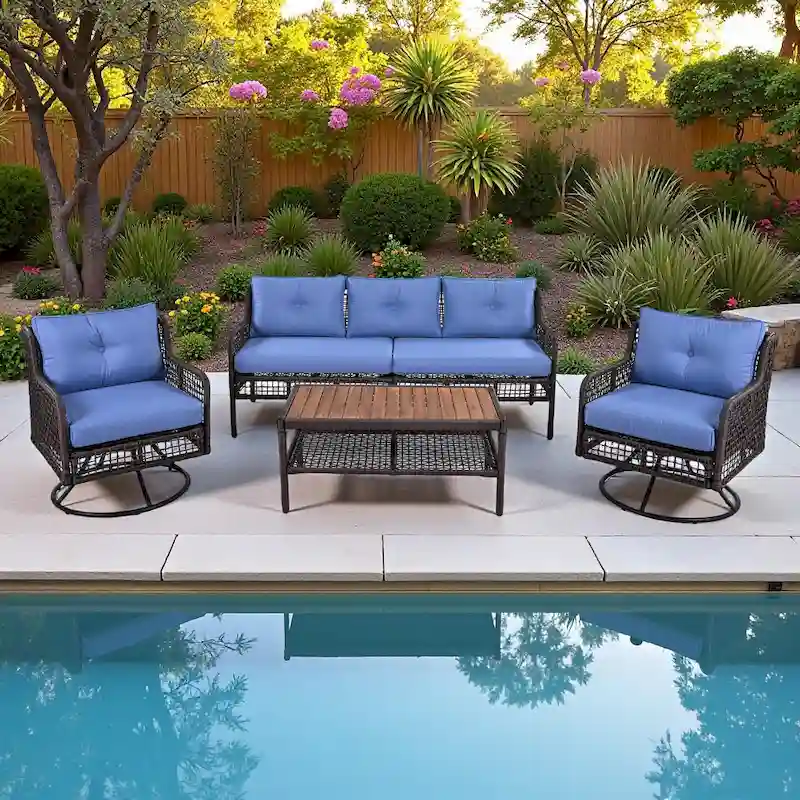 4-Pieces Outdoor Rattan Conversation Sofa Set with Swivel Chairs and Coffee Table