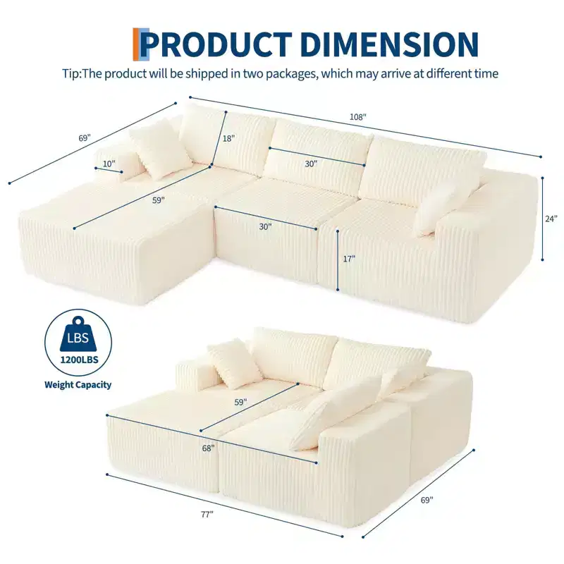 108'' Modular Sectional Sofa, Corduroy Sponge Compression Sofa with Deep Seat, Comfy Memory Foam Sofa for Living Room Bedroom, No Assembly Required