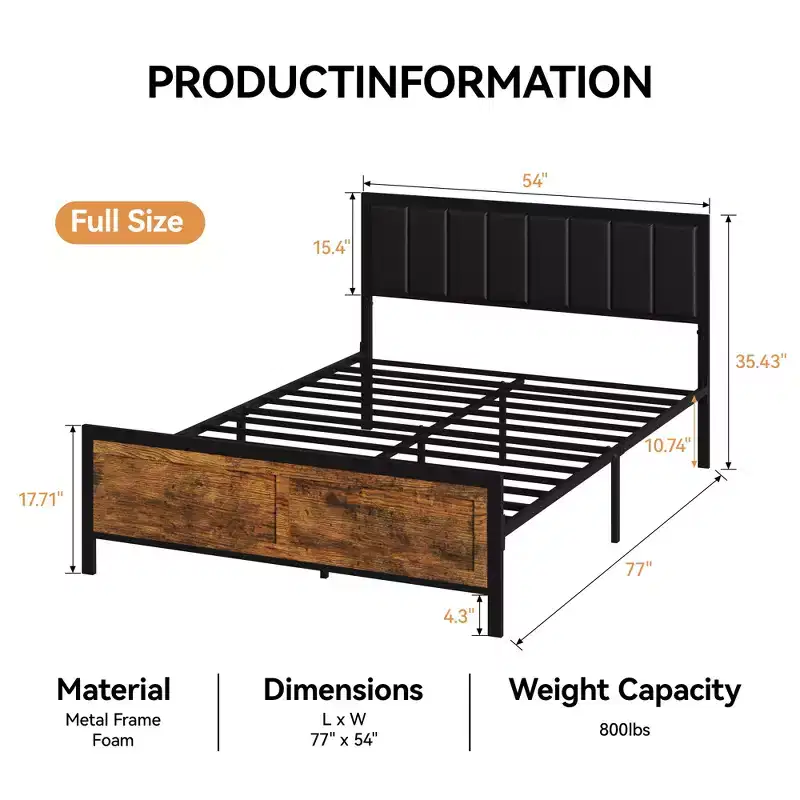 Dyonery Bed Frame with Upholstered Headboard,Metal Bed Frame with Footboard,Noise-Free,No Box Spring Needed,Easy Assembly