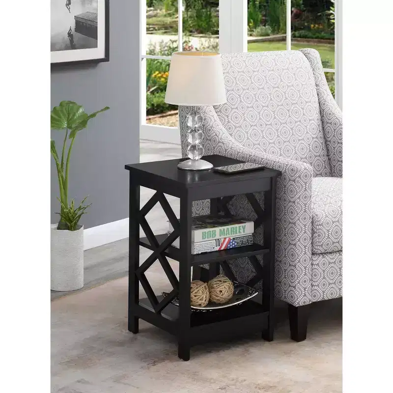 HomeStock Belmont Diamond End Table with Three Spacious Shelves, Contemporary Cut Out Design, Multi Purpose Storage Accent Table for Home Dcor