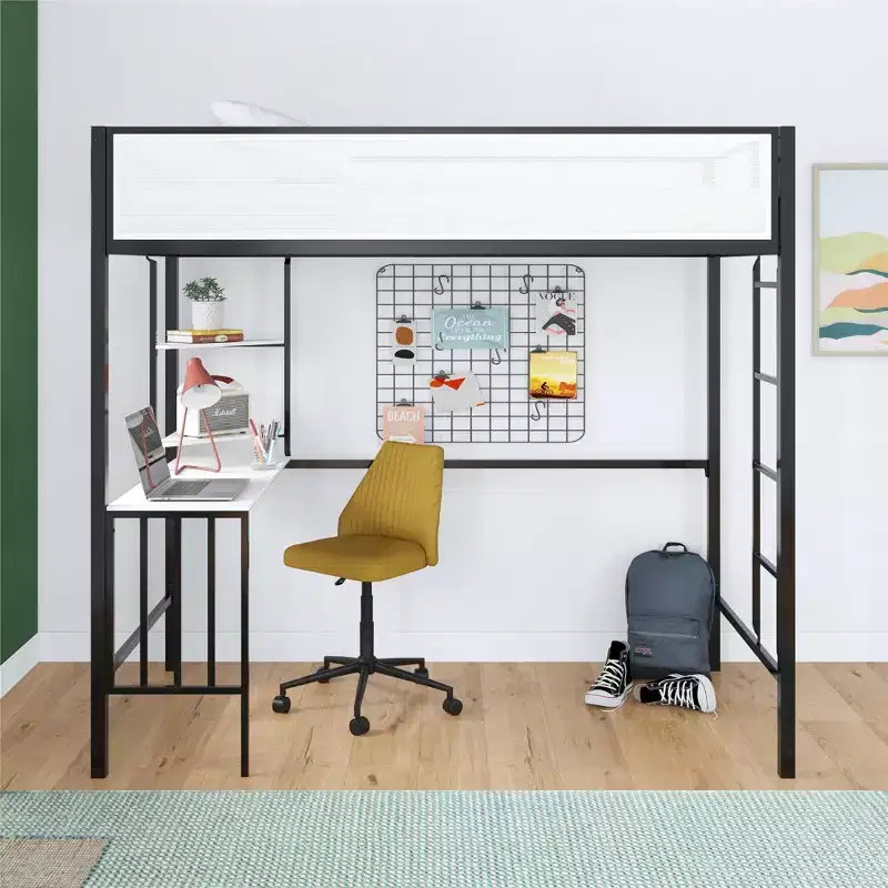 Twin Loft Bed with Desk and Shelves Black