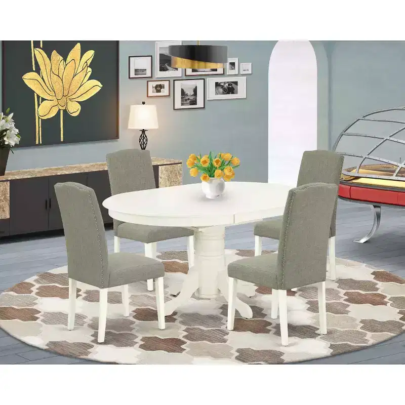 HomeStock 5-Pc Oval Linen White Finish Solid Wood Top Dining Table with 4 Parson Chair with Butterfly Leaf