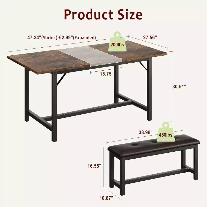 3 Piece Dining Table Set for 4-6, 47-63 Large Extendable Kitchen Table with 2 Upholstered Benches, Brown