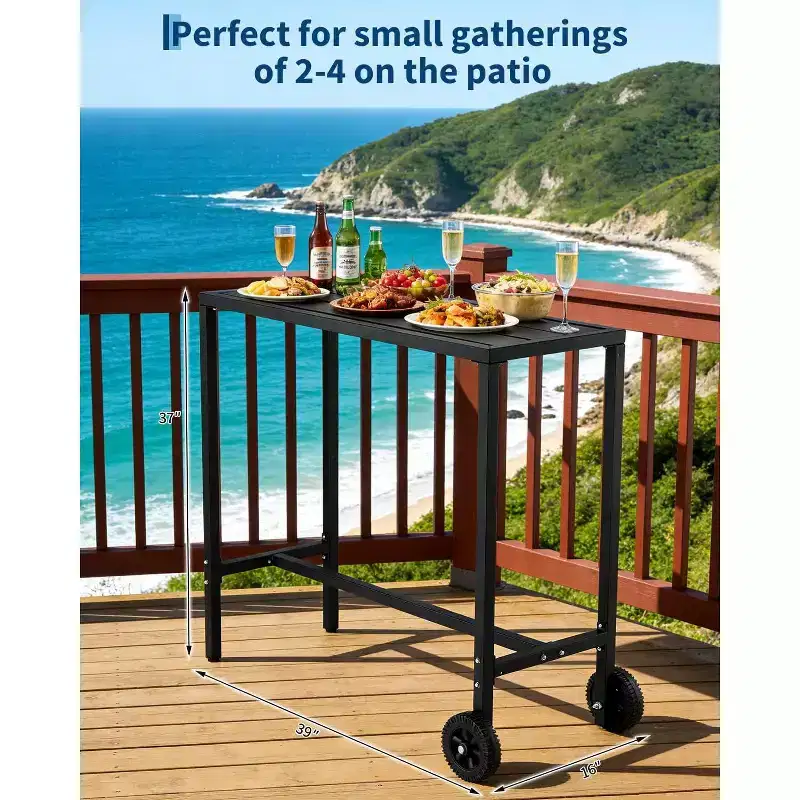 39 Outdoor Rolling Bar Table with Wheels & Adjustable Feet, Counter-Height Metal Table for Patio, Balcony, Yard & Indoor Use, Black