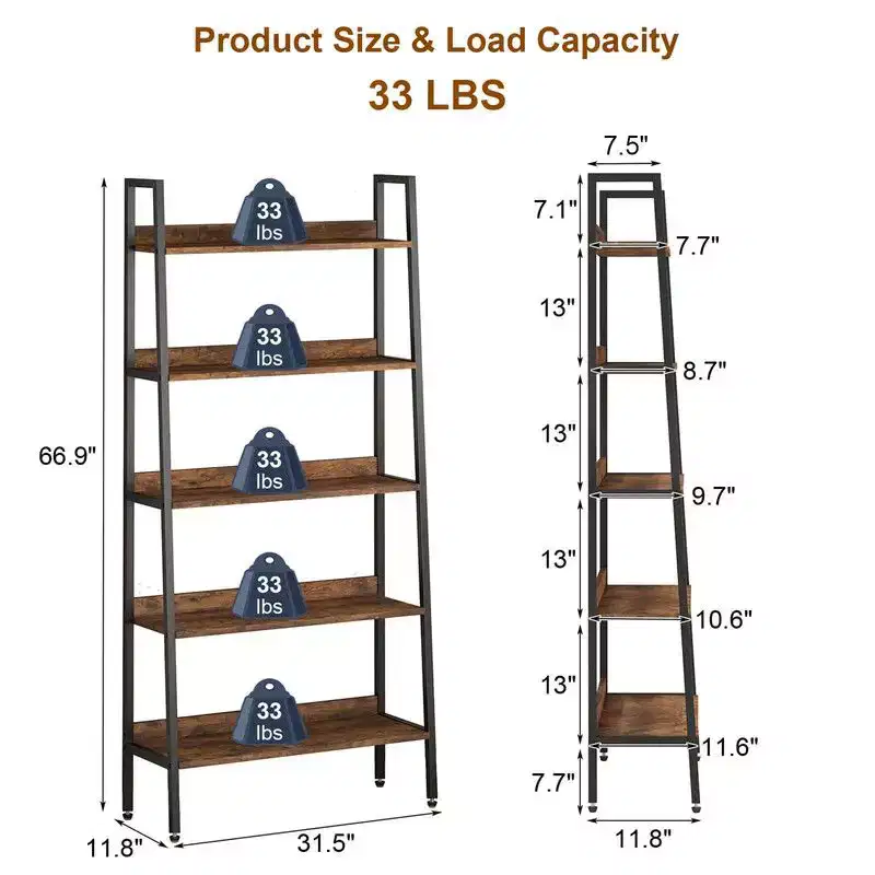 Coolmee 67 inch 5 Tier Tall Book Shelf, Narrow Book Storage Organizer with Open Shelves, Industrial Metal Frame Bookcase for Home Office