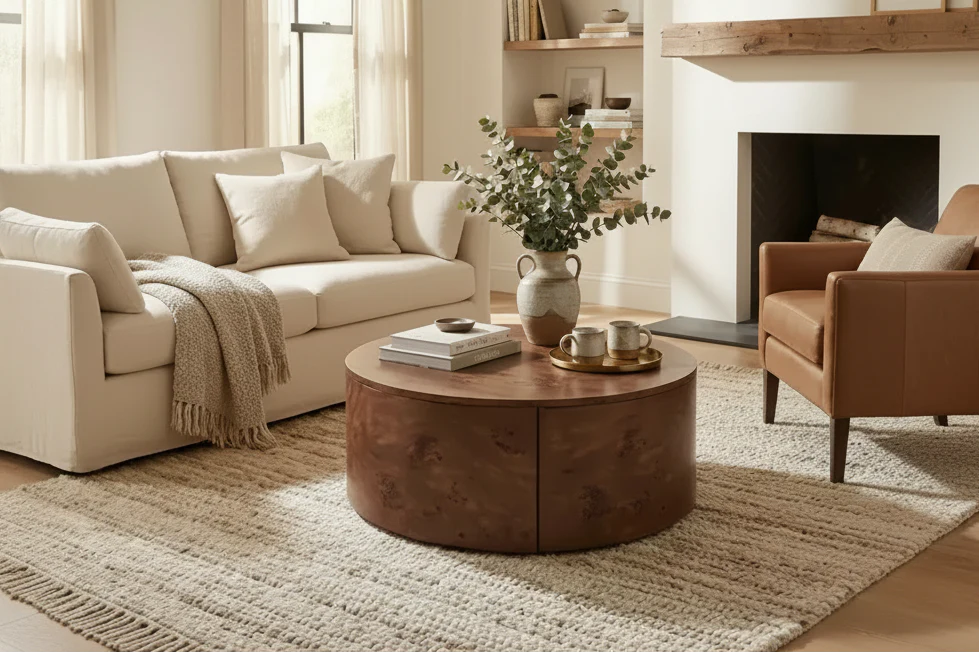 28.4-Inch Walnut Rotating Coffee Table with 2 Hidden Drawers, 360 Rotatable Tabletop, Natural Wood Grain, for Living Room, Walnut