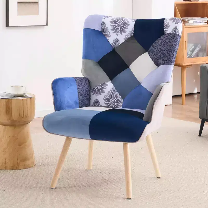 Patchwork Upholstered Wingback Accent Chair with Rubberwood Legs – 35