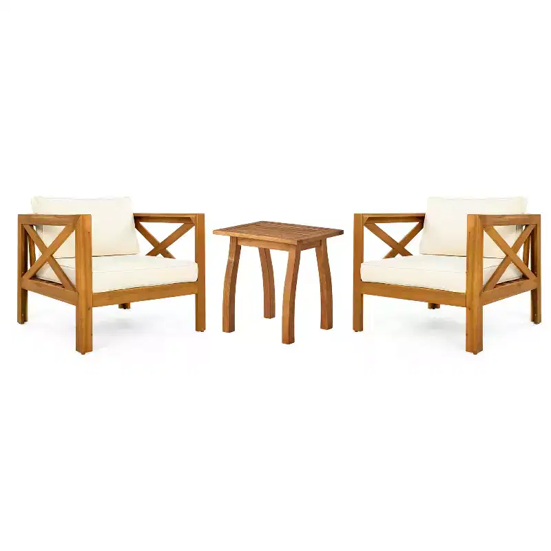 Christopher Knight Home Callum Transitional 3 Piece Patio Acacia Wood Club Chairs with Rectangle Accent Table