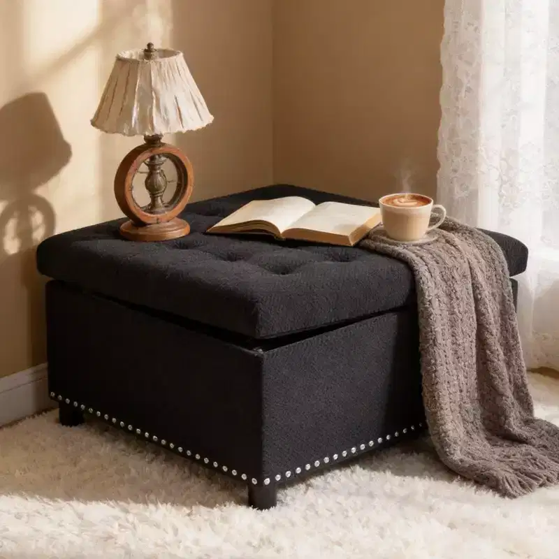 GDFStudio Sapir Tufted Upholstered Square Storage Ottoman with Nailhead Trim