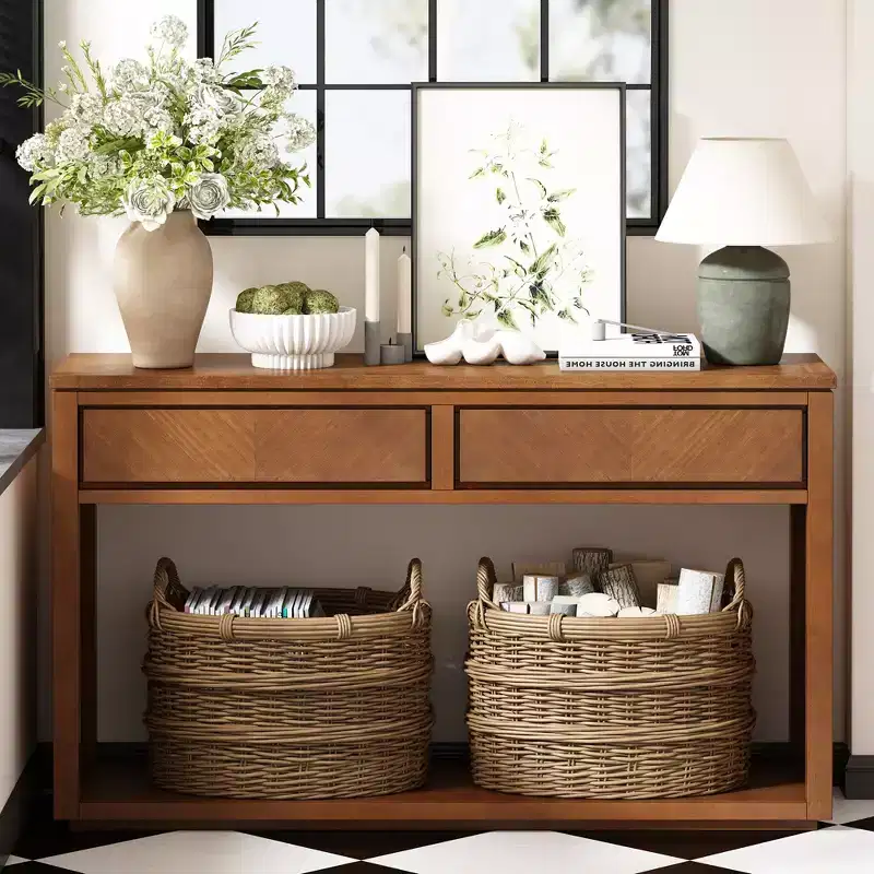 MAYEERTY Console Table Rustic Wooden with Storage Drawers Open Shelf for Hallway Living Room Honey