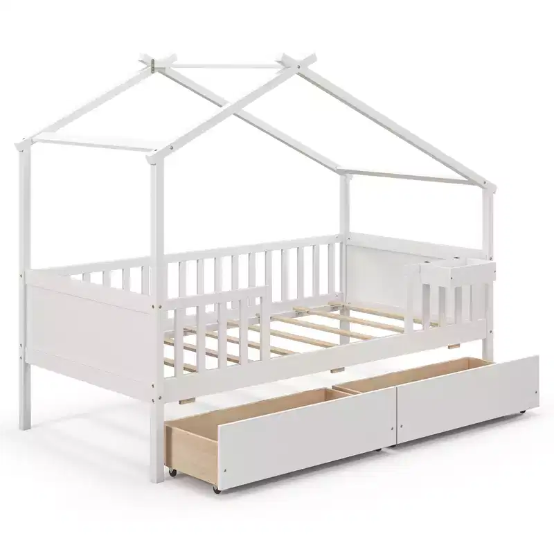 Twin House Bed with 2 Storage Drawers, Roof, Fence Rails, Headboard and Footboard