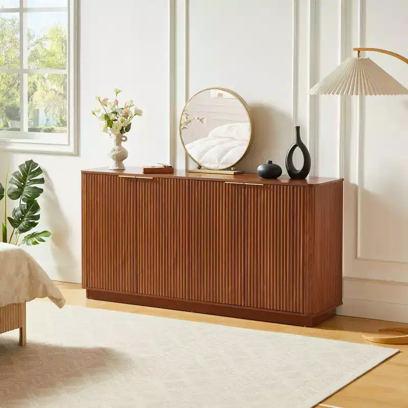 63 Vertical Stripe Buffet Cabinet Sideboard with Storage, Curved Wave Design, Multi-Functional TV Stand for Living Room, Bedroom, Walnut