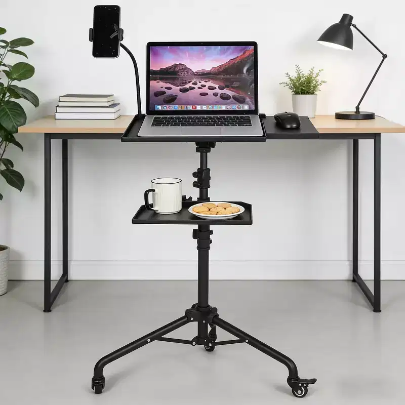 Projector Stand with Wheels, 23 to 49 Inch Adjustable Height Laptop Tripod Stand with Gooseneck Phone Holder, Portable Floor Stand for Office, Stage