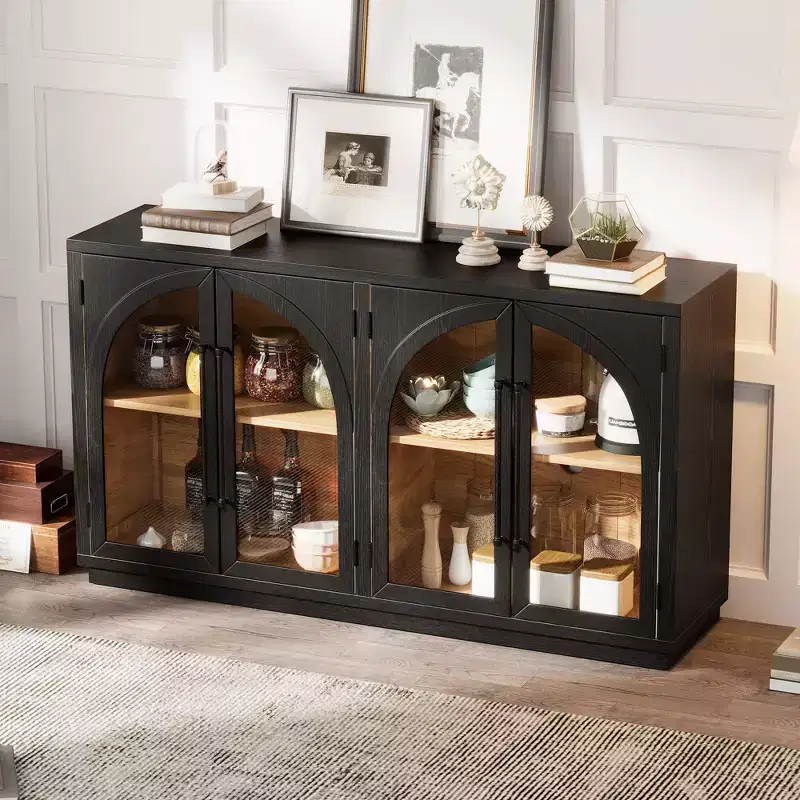 Clihome 4-Door Large Storage Sideboard Buffet Cabinet with Glass Doors,Arched Cabinet with Adjustable Shelves for Kitchen, Dining Room and Living Room