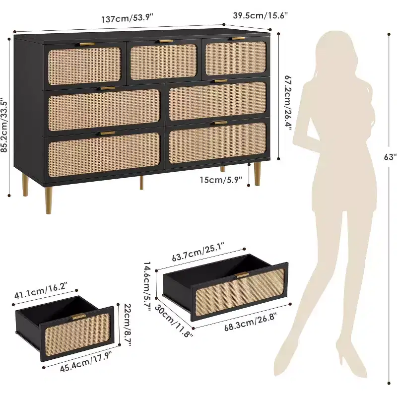 7-Drawer Rattan Dresser - Tall Wooden Chest with Deep Drawers & Wide Top for Bedroom, Living Room, Hallway or Closet