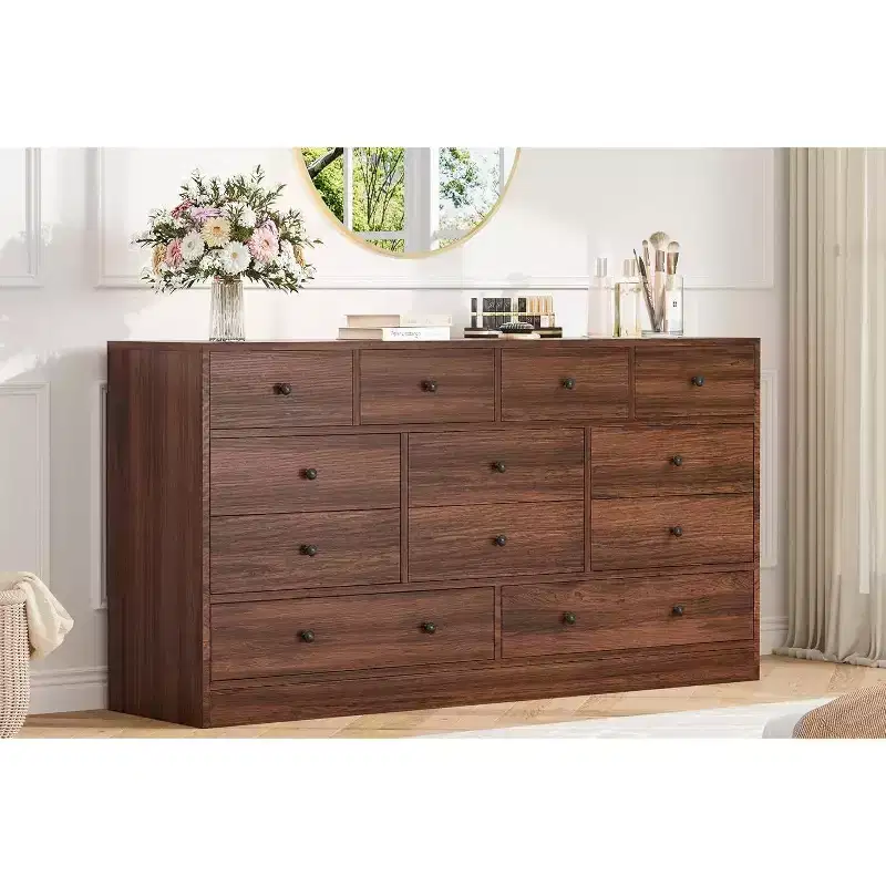 12-Drawer Dresser for Bedroom, 61 Wooden Chest with Built-In Power Outlet, Large Storage Organizer for Clothes, Living Room, Hallway, or Office