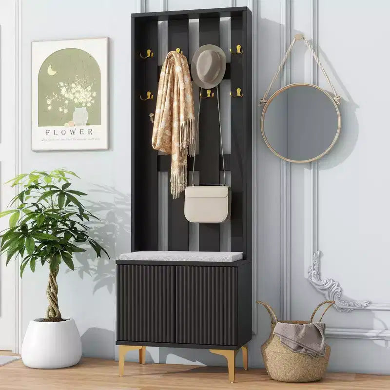 Modern Hall Tree with Cushion Bench and Adjustable Shelves, Storage Rack with 8 Gold Hooks and Legs, Coat Tree for Living Room, Hallway, Black