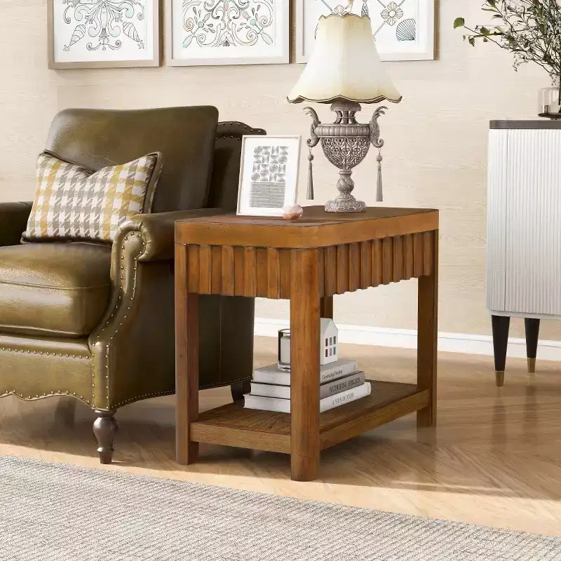25 Farmhouse 2-Tier Rectangular End Table with Open Storage Shelf, Solid Wood Legs, Side Table for Living Room, Bedroom, or Office-Panipeachy