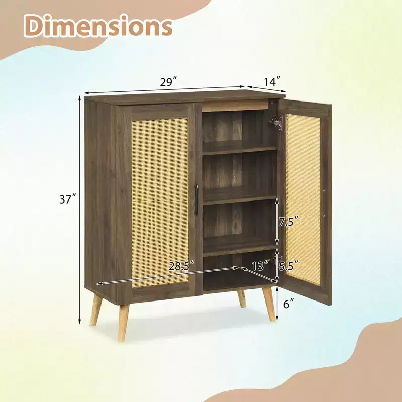 Costway Rattan Shoe Cabinet with 3 Removable Shelves,5-Tier Narrow Cabinet Wood Legs, Walnut/Natural