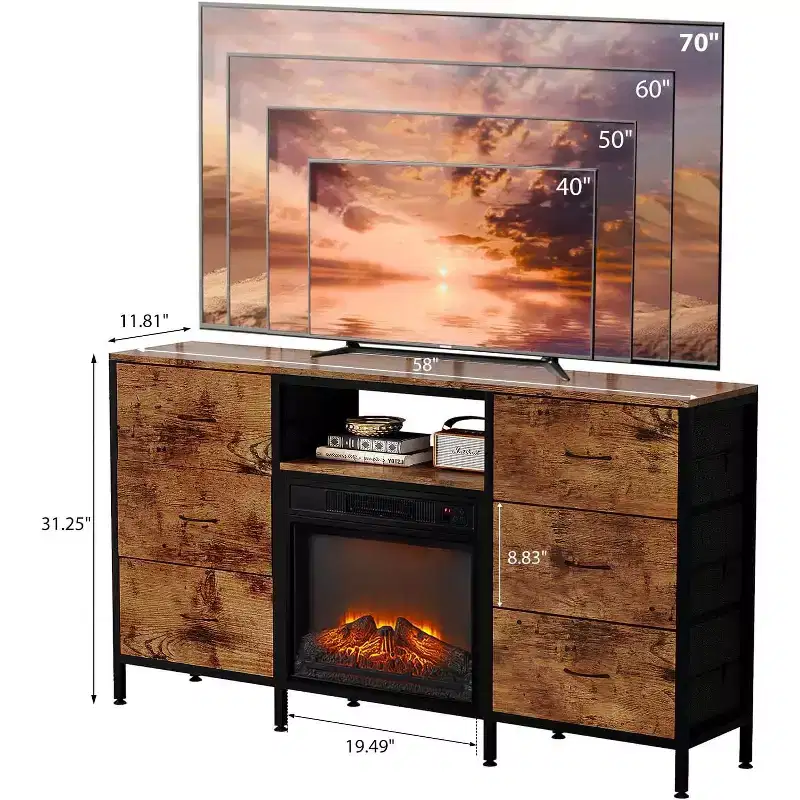 Fireplace TV Stand with Fabric Drawer, LED Lights & Open Storage Shelves – Industrial Entertainment Center