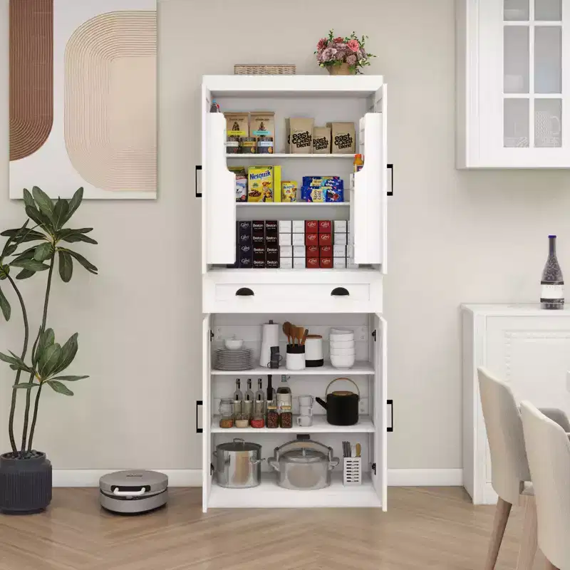 Alanis Modern Pantry Storage Cabinet with Drawer and Adjustable Shelves