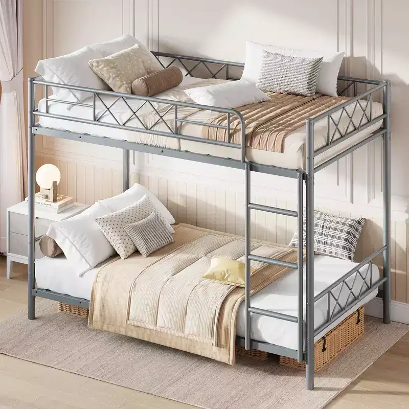 Bunk Bed Twin Over Twin with Extra High Guardrail, Heavy Duty Metal Frame & Sturdy Slats, No Box Spring Needed