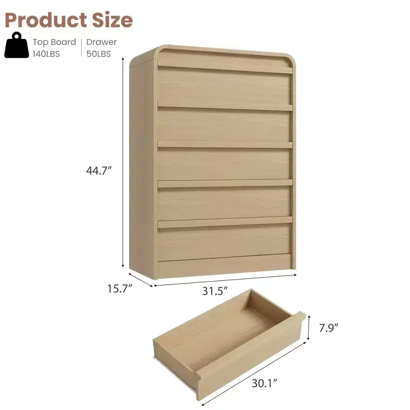 5-Drawer Wooden Dresser with Curved Design – Storage Organizer