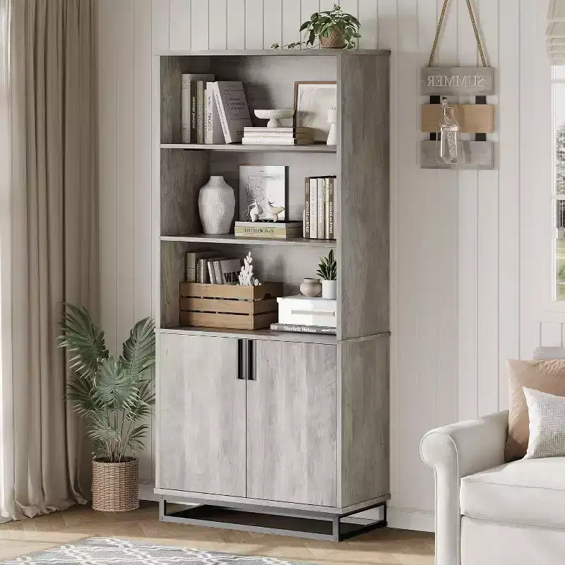 Acekool Farmhouse Bookshelf with Doors, Metal Base, 3 Open & 2 Hidden Shelves, Waterproof Scratch-Resistant,