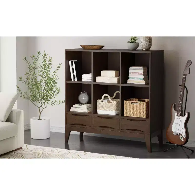 Pearson SOLID HARDWOOD 43 inch x 42 inch Mid Century Modern Low 6 Cube Storage with Drawers in Walnut Brown