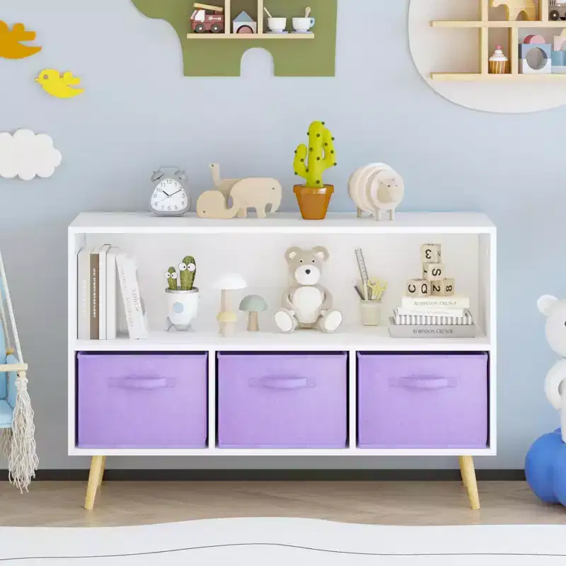 MAYEERTY Kid Bookshelf with Collapsible Fabric Drawers Toy Storage Cabinet Orangizer White and Purple