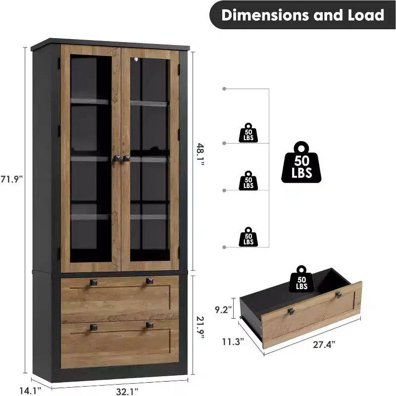 Farmhouse Kitchen Pantry Cabinet with Glass Doors, 72in Storage Cupboard with Drawers and Adjustable Shelves for Dining Room Bathroom Living Room