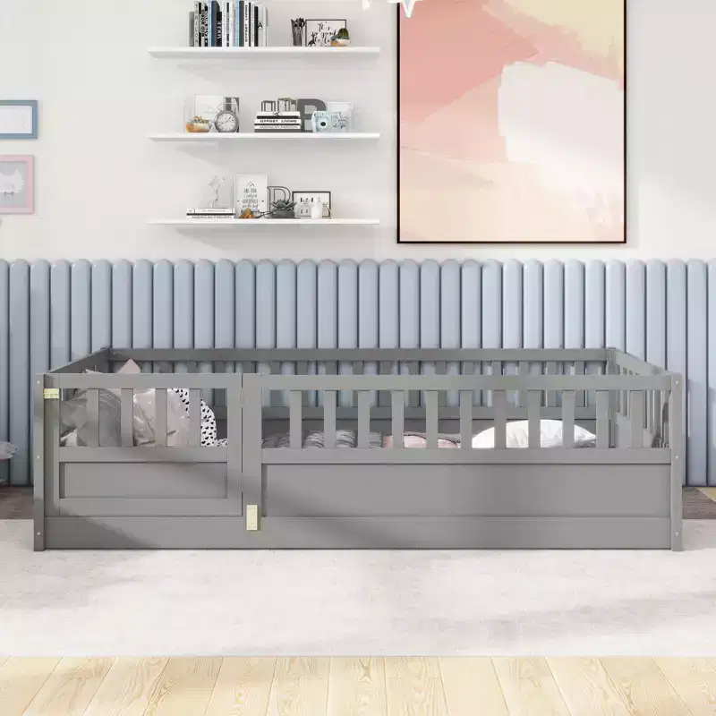 Twin Size Floor Beds for Kids,Wooden Toddler Bed with Fence&Door,Children's Floor Bed for Girls,Boys,Pine Wood,Gray
