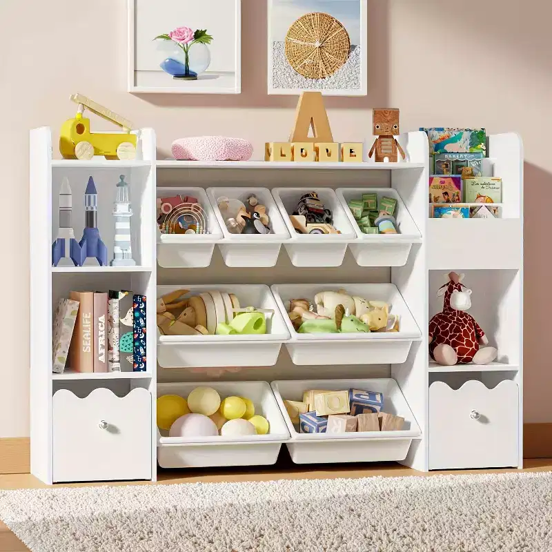4 In 1 Kids Bookcase with Storage Bins & Rolling Drawers Montessori Toy Organizer for Playroom & Bedroom