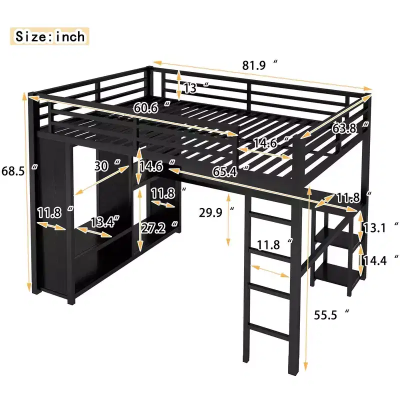 Queen Size Loft Bed Frame with Built-in Wardrobe Metal Loft Bed with Desk and Storage Shelves Black