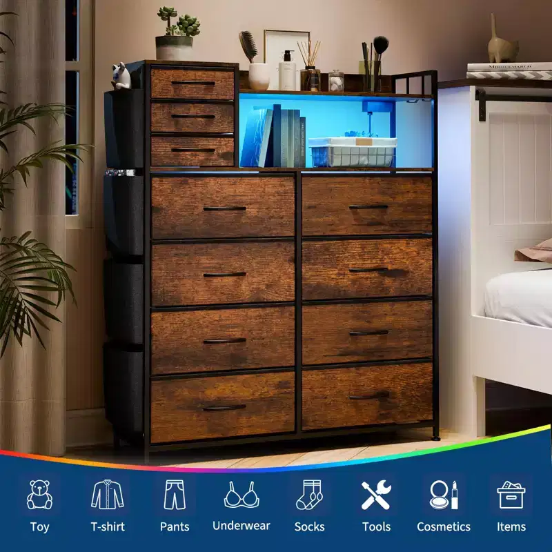 Fabric 11-Drawer Dresser with Charging Station & LED Lights