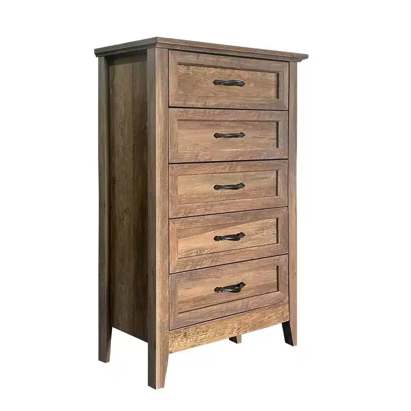 Farmhouse Dresser, Rustic Wood 5 Drawer Dresser for Closet, Tall Chest of Drawers with Metal Handles