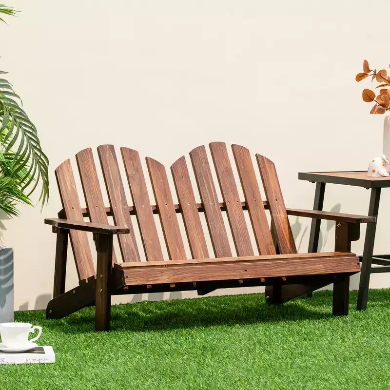 Costway 2 Person Adirondack Chair Kid Solid Wood Loveseat Backrest Arm Rest Patio Coffee/White/Gray