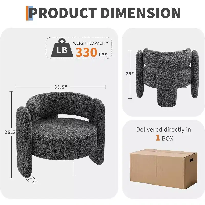 Modern Round Accent Chair  330LB Capacity, 3-Leg Design & Chenille Upholstery (White/Dark Grey) for Living Room, Office, Bedroom
