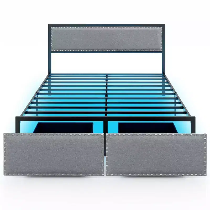Costway Queen Size Bed Frame w/ 2 Storage Drawers LED Lights Slats Support Modern