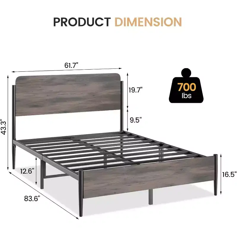 Bed Frame - Walnut Finish, Heavy Duty Metal Platform