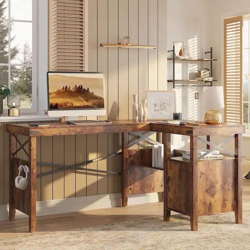 Farmhouse L Shaped Home Office Computer Desk with Storage Cabinet