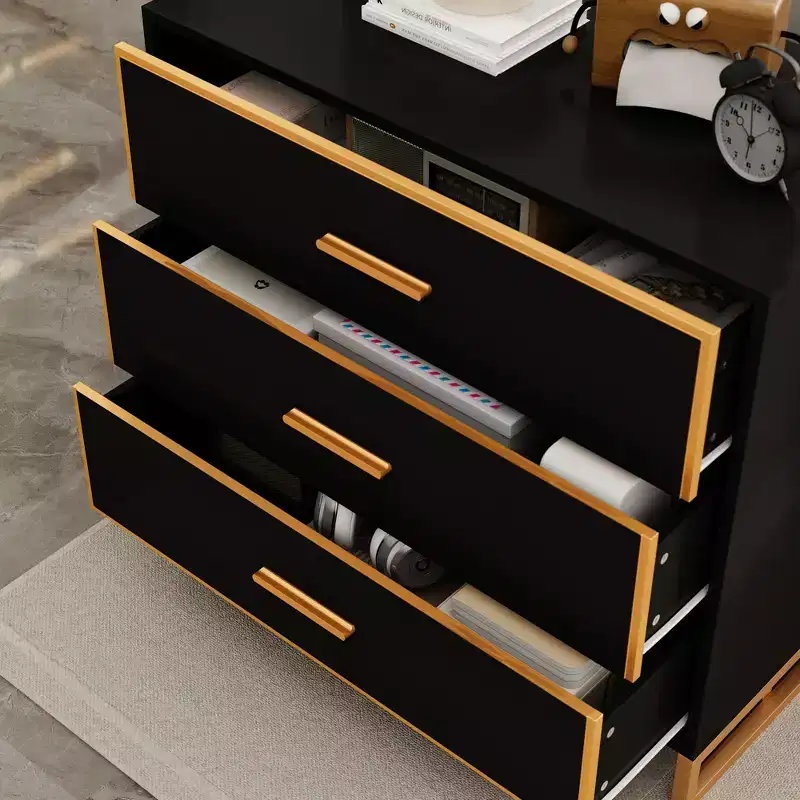3-Drawer Modern Nightstand with Open Metal Frame, Black & Gold Finish, 28.7