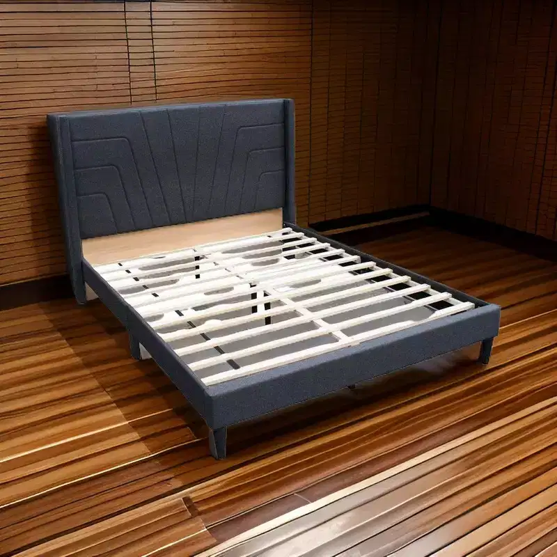 Queen Size Bed with Tufted Headboard, Charcoal Burlap Upholstery, Wood