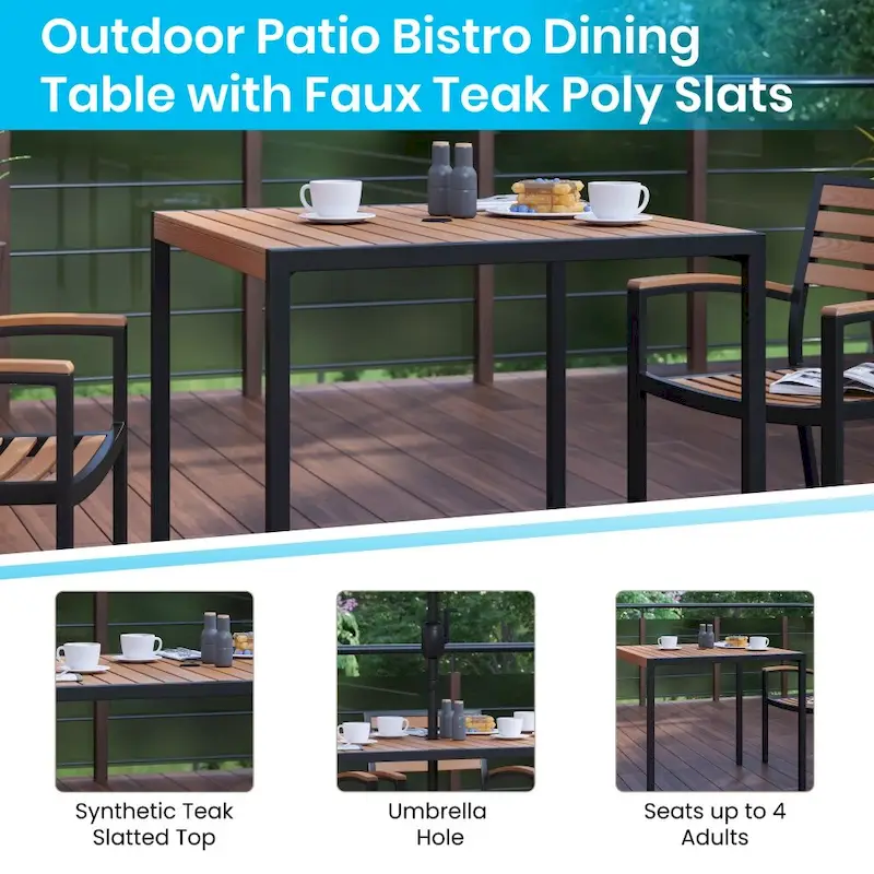 Black Steel Framed 36 Square Faux Teak Table with Umbrella Hole & 4 Club Chairs