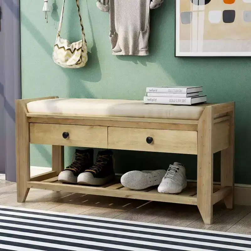 Solid Wood Shoe Storage Bench with 2 Drawers & Cushion, Multipurpose Entryway Organizer with Grid Rack Base, Gray Wash