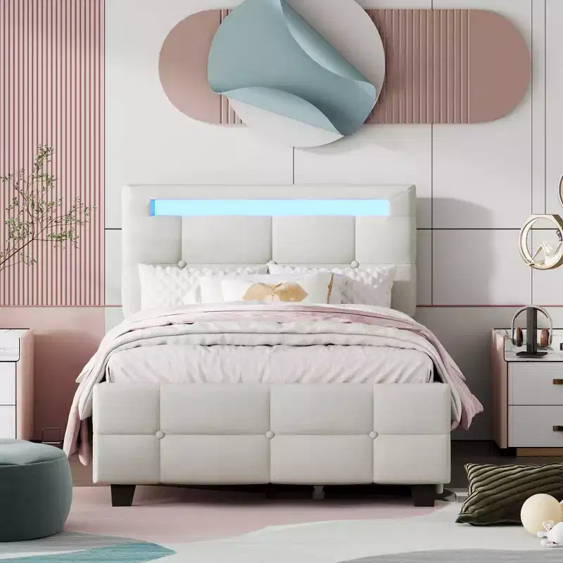 Okak Twin Upholstered Platform Bed Frame with 2 Drawers Modern Solid Wood Bed with LED Frame Noise-Free Easy to Assemble