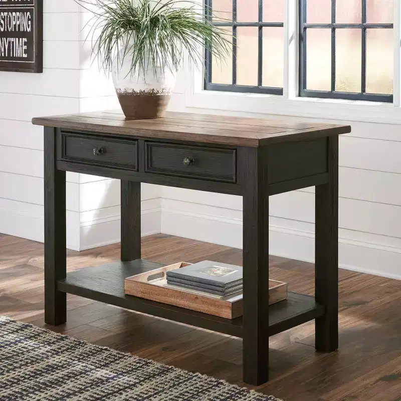 Mid-Century Modern Sofa Console Table, Grayish Brown/Black, Open Shelf & Storage Drawer