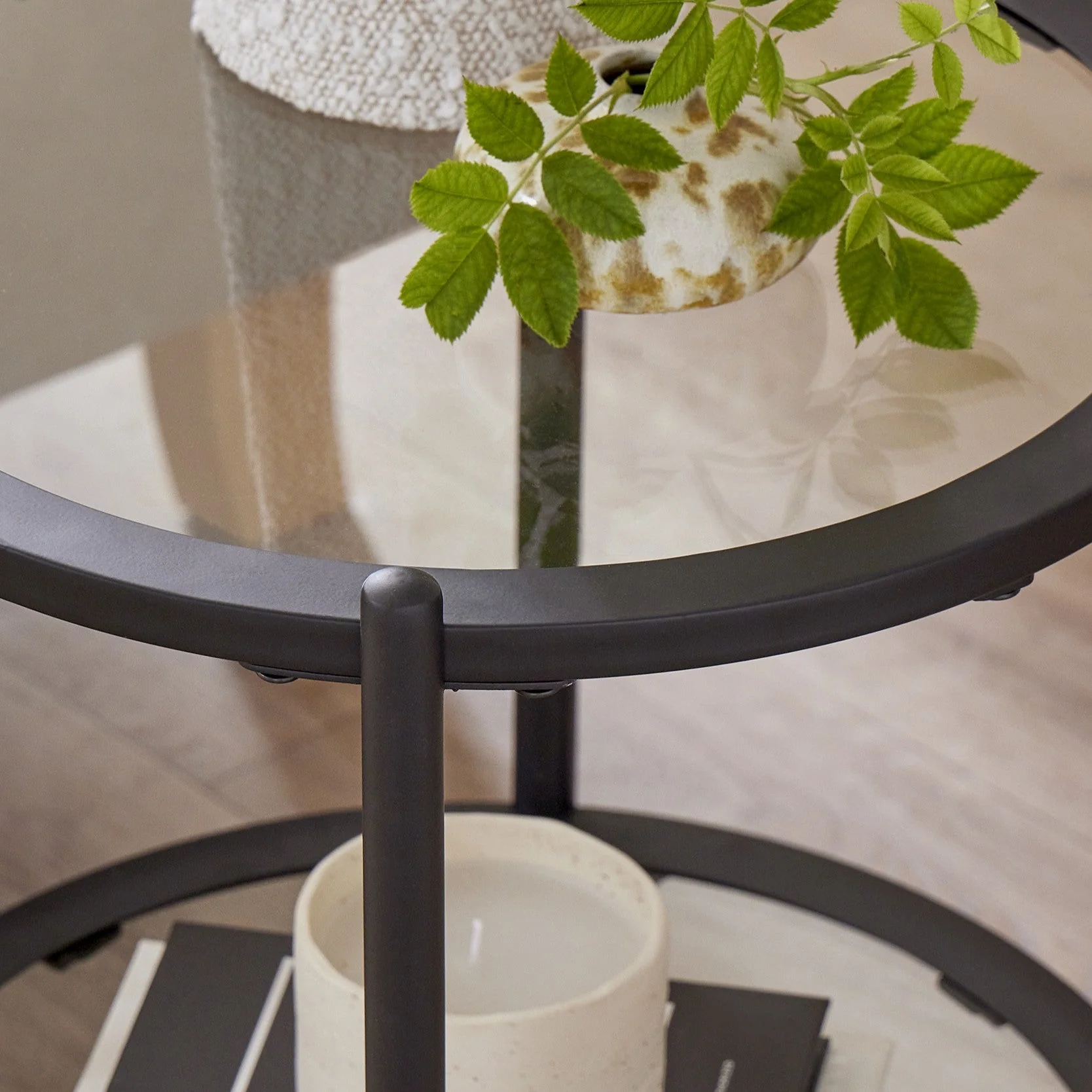 Contemporary Black Glass Metal Side Table with Round Top for Living Room
