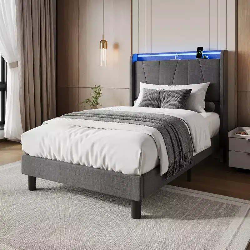 Twin/Full/Queen/King LED Bed Frame with Charging Station, Upholstered Platform Bed with Headboard, Under Bed Storage, Noise-Free
