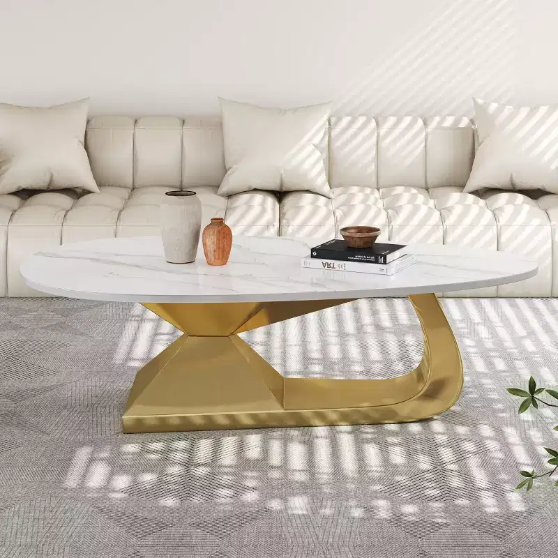 Modern Sintered Stone Coffee Table with Sculptural Stainless Steel Base, Faux Marble Pebble-Shaped